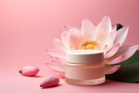 Pink cream bottle with beauty products lotus flower and leaves on pink background. natural organic skincare. Cosmetology mockupの素材