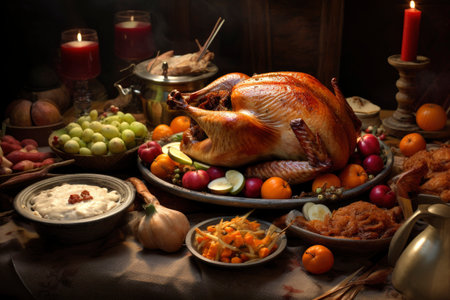 Thanksgiving day dinner with holiday autumn decor. family dining room table setの素材