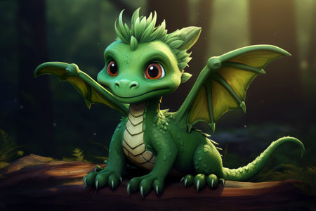 cute smile gragon sitting in the green forest nature, symbol mythologyの素材