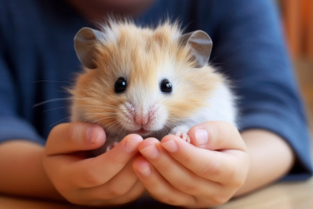 The child holds a hamster in his hands. Domestic pets careの素材
