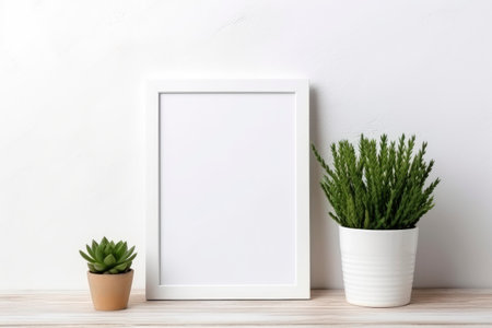 White frames on a shelf with a plant. Scandi style. Mock up.の素材