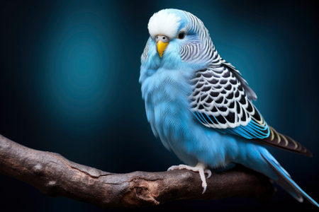one blue budgerigar on a branch on blue background. AI generatedの素材
