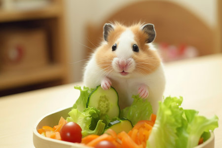 A hamster pig eating a lettuce leaf on the table in the kitchen roomの素材