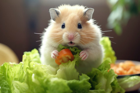 A hamster pig eating a lettuce leaf on the table in the kitchen roomの素材