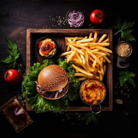 Hamburgers and French fries on the dark wooden tray. Top viewの素材