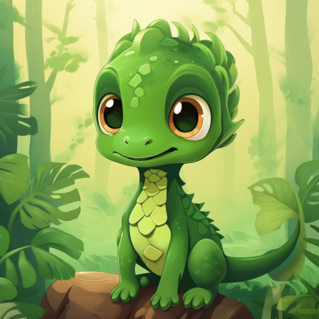 cute smile gragon sitting in the green forest nature, symbol mythologyの素材