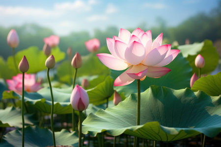 beautiful pink lotus flower plants in waterの素材