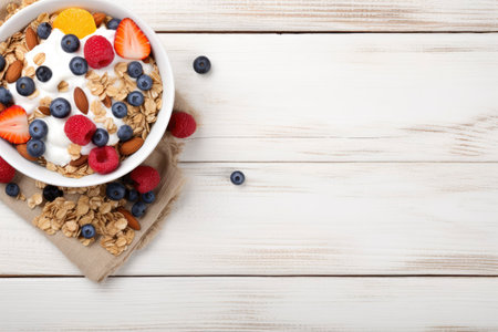 bowl of oat granola with yogurt, fresh raspberries, blueberries, strawberries, blackberries and nuts on wooden board, concept for healthy breakfastの素材