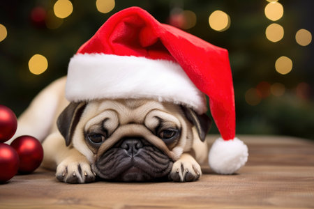 Funny pug Dog with red santa hat lying on Christmas light backgroundの素材