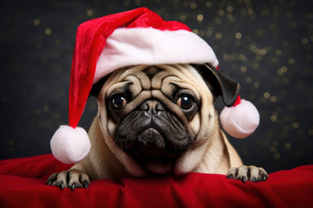Funny pug Dog with red santa hat lying on Christmas light backgroundの素材