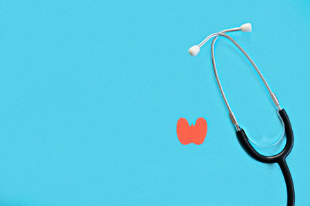 Paper model of healthy thyroid and stethoscope on light blue backgroundの写真素材
