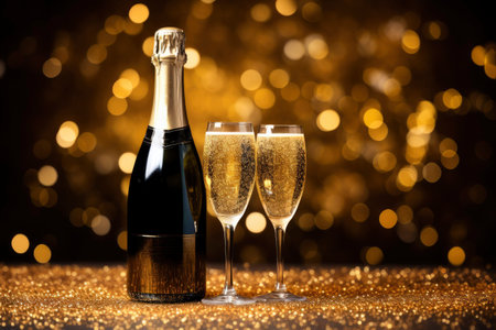 Champagne bottle and two glasses with ribbons on black blurred lights background. Christmas, birthday, celebrationの素材