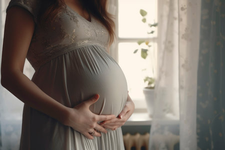 beautiful happy pregnant woman stands near the window during the day, hugging her belly with her hands.の素材