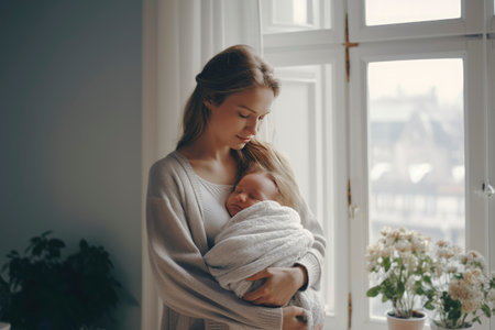 a beautiful happy blonde woman stands near the window during the day and holds a child in her arms. motherhood, child careの素材