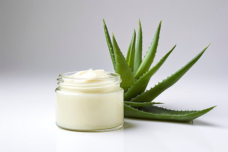 Beautiful cream bottle with beauty products aloe green leaves on white background. Natural organic skin care. Cosmetology mock upの素材