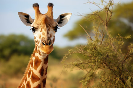 Closeup portrait giraffe on blue sky background looking down at the cameraの素材