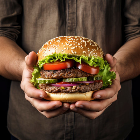 man's hands hold hamburger, fast food conceptの素材