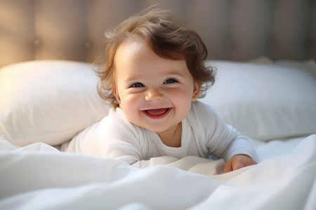 Little newborn baby boy smiling in crib under a white blanketの素材