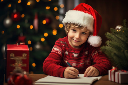 Little European boy writing letter to Santa, wish list of presents for Christmas in decorated room with Christmas tree backgroundの素材