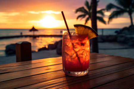 Colorful tropical cocktail or juice in a glass decorated on a wooden table on blurred seascape sunset backgroundの素材