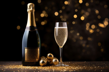 Champagne bottle and two glasses with ribbons on black blurred lights background. Christmas, birthday, celebrationの素材