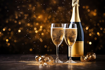 Champagne bottle and two glasses with ribbons on black blurred lights background. Christmas, birthday, celebrationの素材