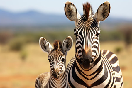 Portrait of a zebra with young little child zebra standing against a green bush natureの素材