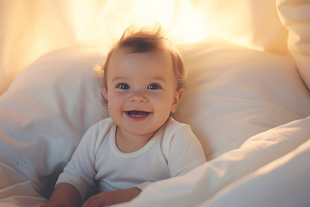 Little newborn baby boy smiling in crib under a white blanketの素材