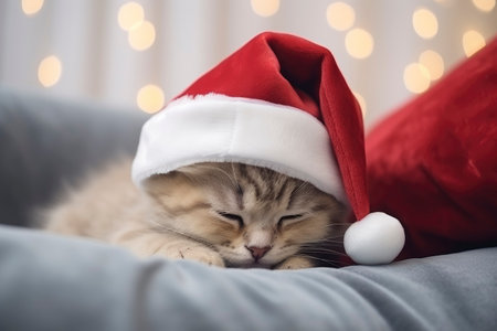 scottish tabby cat in red christmas hat on christmas light background. Happy new year and christmas holidays conceptの素材