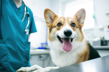 banner with a funny corgi dog puppy sitting in veterinarian clinic background looking at camera with space for textの素材