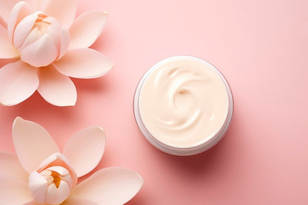 Pink cream bottle with beauty products lotus flower and leaves on pink background. natural organic skincare. Cosmetology mockup, top viewの素材