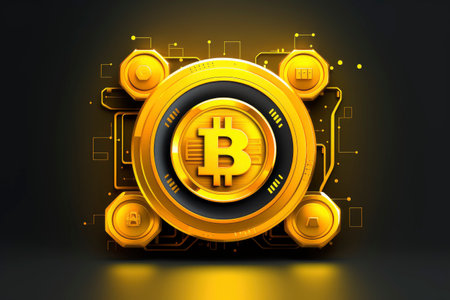 Golden Bitcoin symbol, round coin as cryptocurrency, digital money, on black backgroundの素材