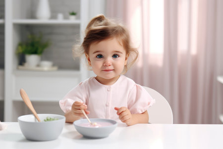 Baby girl eating blend mashed food, hand with spoon for vegetable lunch, baby weaning, first solid food for young kid.の素材
