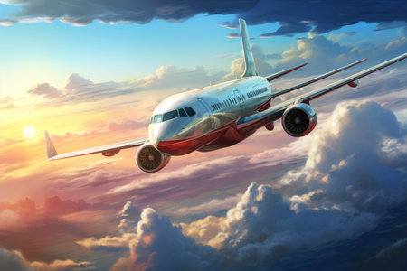White passenger airplane flying in the sky amazing clouds in the backgroundの素材