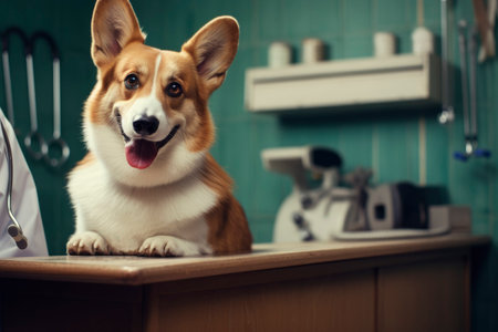 banner with a funny corgi dog puppy sitting in veterinarian clinic background looking at camera with space for textの素材