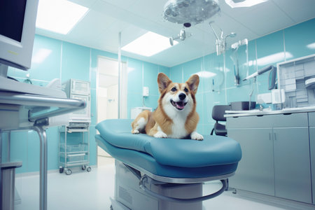 banner with a funny corgi dog puppy sitting in veterinarian clinic background looking at camera with space for textの素材