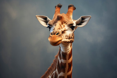 Closeup portrait giraffe on gray background looking down at the cameraの素材