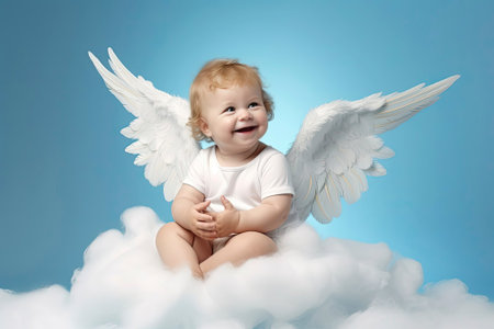 baby cupid with wings in white Greek clothes sitting on a cloud and smiling on a blue background. valentines day conceptの素材