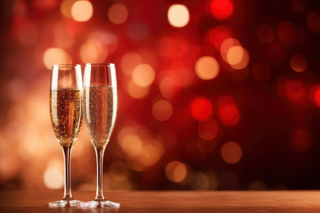two glasses of champagne against bokeh background with text area. Valentines dayの素材