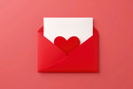 red paper envelope with blank white note mockup inside and Valentines hearts on red background. Flat lay, top view. Romantic love letter for Valentine's day concept.の素材