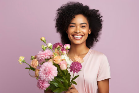 Portrait of attractive cheerful dark skinned girl woman holding flowers copy space deciding on pastel color background. International Women's Day. Mother Dayの素材