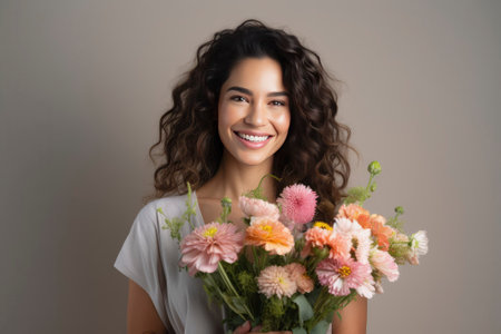 Portrait of attractive cheerful girl woman holding flowers copy space deciding on gray pastel color background. International Women's Day. Mother Dayの素材