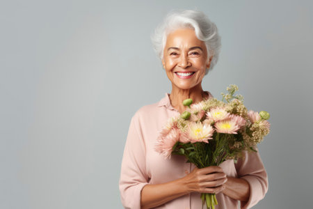 Portrait of attractive cheerful elderly woman holding flowers copy space deciding on gray pastel color background. International Women's Day. Mother Dayの素材