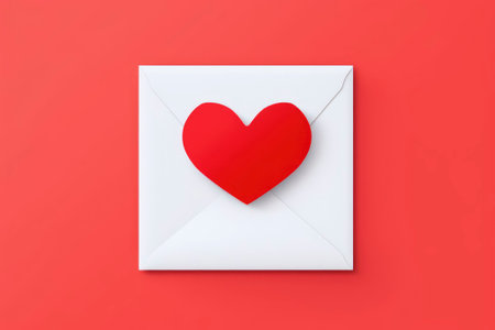 paper envelope with blank white note mockup inside and Valentines hearts on red background. Flat lay, top view. Romantic love letter for Valentine's day concept.の素材
