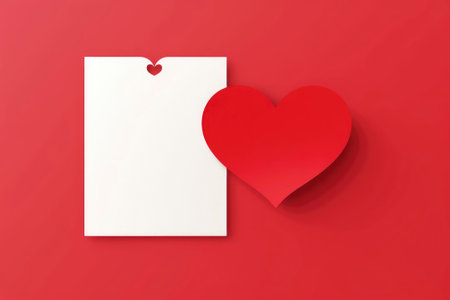 paper blank white note mockup inside and Valentines hearts on red background. Flat lay, top view. Romantic love letter for Valentine's day concept.の素材