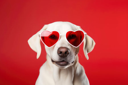 Beautiful elegant labrador dog wearing red glasses heart-shaped on red colored background. Valentine's Dayの素材