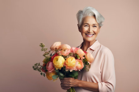 Portrait of attractive cheerful elderly woman holding flowers copy space deciding on gray pastel color background. International Women's Day. Mother Dayの素材