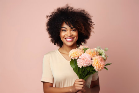 Portrait of attractive cheerful dark skinned girl woman holding flowers copy space deciding on pastel color background. International Women's Day. Mother Dayの素材