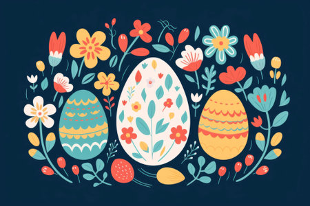 Set of Easter eggs decorative. Happy Easter hand drawn isolated on dark background with decorative elements. Celebration cardの素材