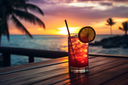 Colorful tropical cocktail or juice in a glass decorated on a wooden table on blurred seascape sunset backgroundの素材